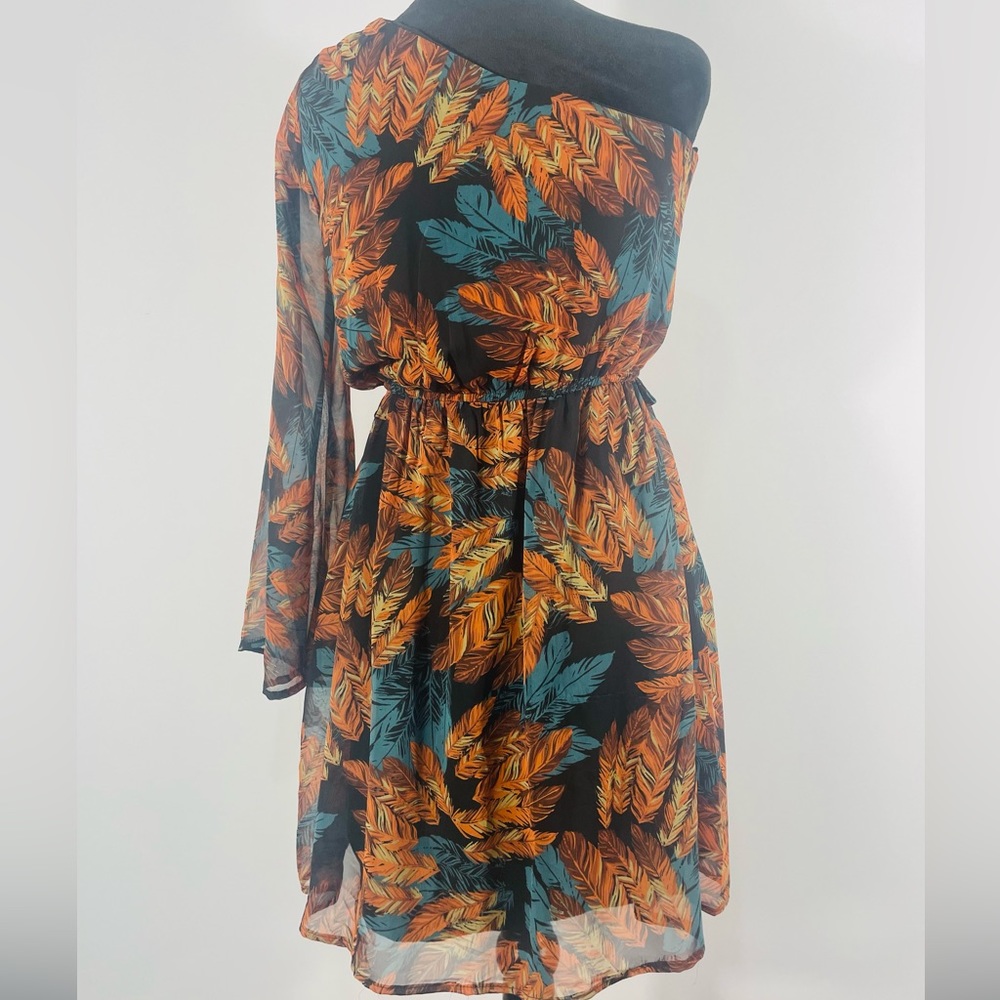 Francesca’s Small, multi fall colors, Black, feather, one shoulder sheer dress, - Picture 3 of 8
